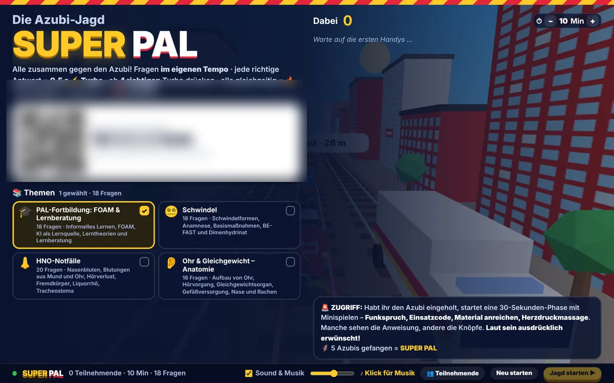 SUPER PAL: Quizfrage auf dem Handy, Teams jagen den Azubi in 3D
